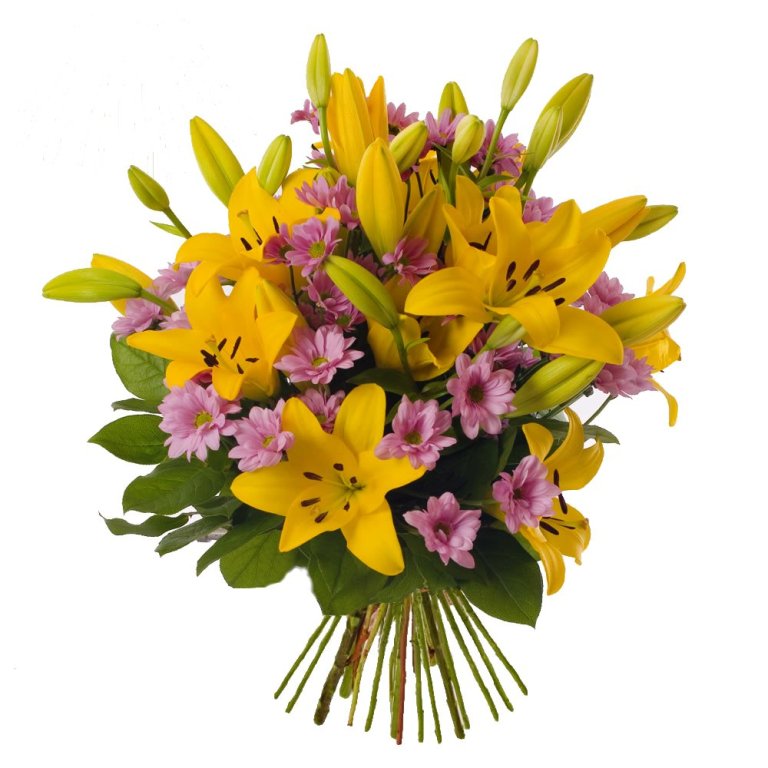 Bouquet of yellow lilies and pink chrysanthemums